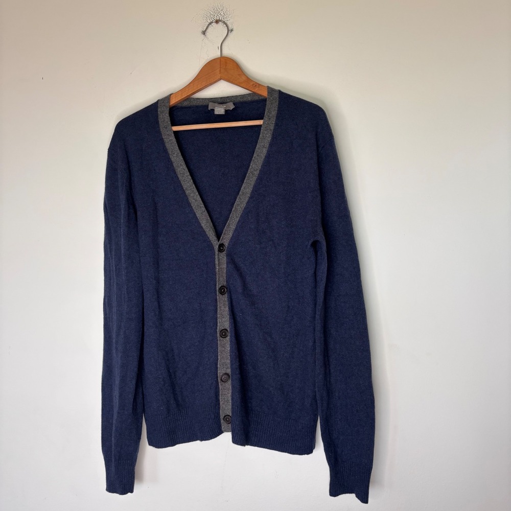 Neiman Marcus Cashmere Gray Navy Blue Luxury Cardigan Size Large